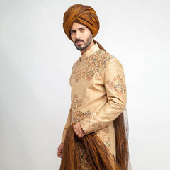 Peach Gold Grey Brocade Achkan Sherwani (4-Piece) - Image 3
