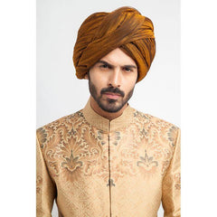 Peach Gold Grey Brocade Achkan Sherwani (4-Piece) - Image 4