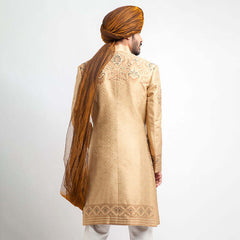 Peach Gold Grey Brocade Achkan Sherwani (4-Piece) - Image 5