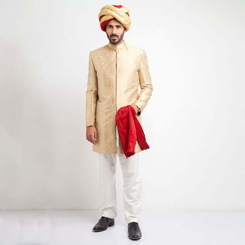 Champagne Gold Brocade Achkan Sherwani (3-Piece) - Image 1