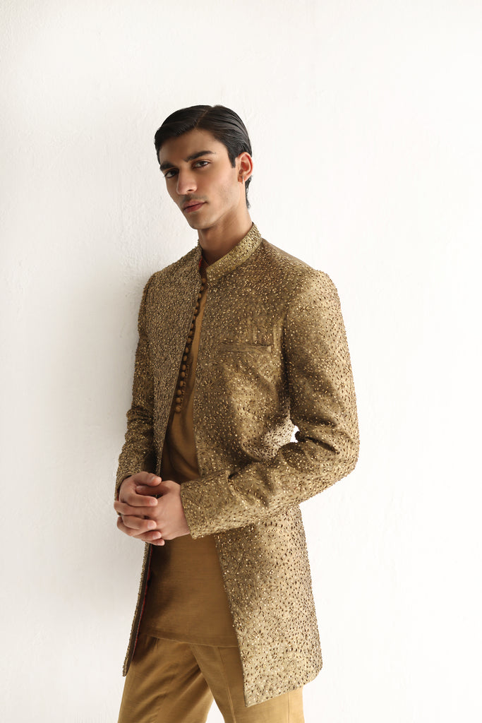Golden Cut Dana Cotton Silk Achkan Sherwani (3-Piece) - Image 1