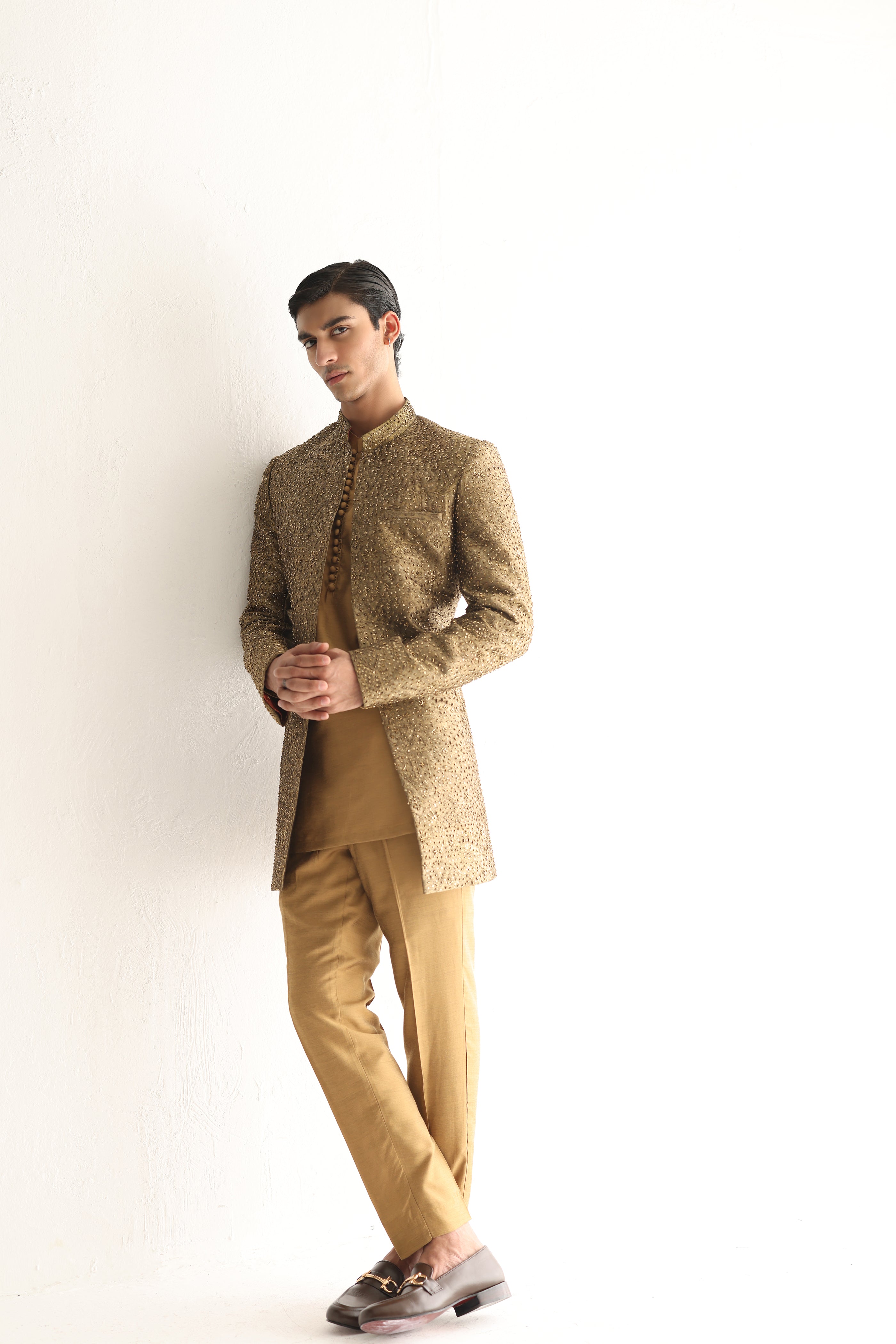 Golden Cut Dana Cotton Silk Achkan Sherwani (3-Piece) - Image 3
