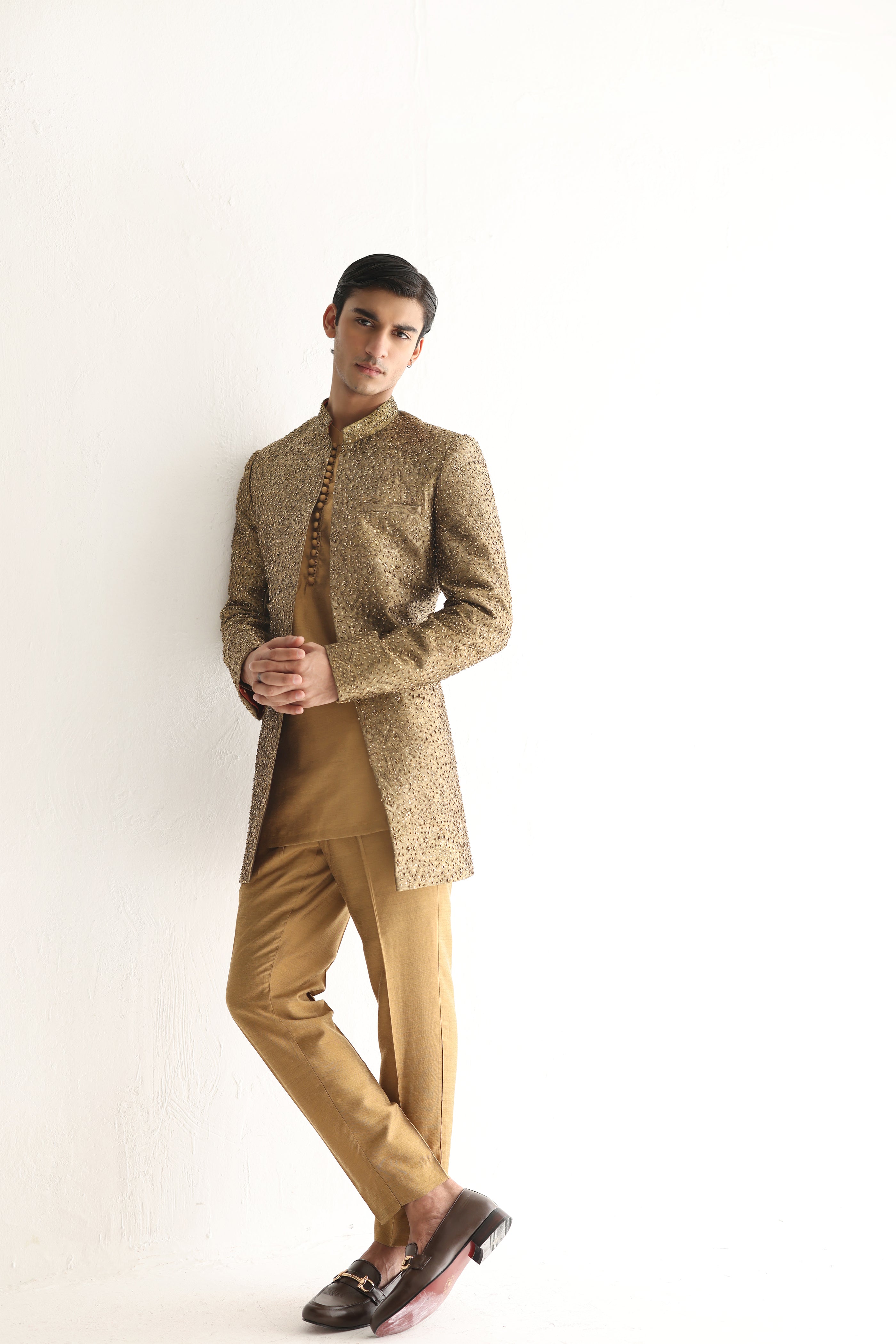 Golden Cut Dana Cotton Silk Achkan Sherwani (3-Piece) - Image 4