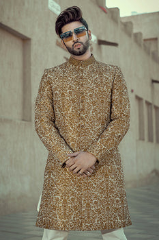 Copper Embroidered Cotton-Silk Achkan Sherwani (2-Piece) - Image 1
