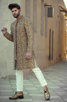 Copper Embroidered Cotton-Silk Achkan Sherwani (2-Piece) - Image 2
