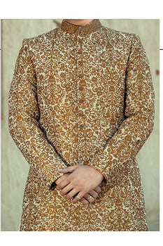 Copper Embroidered Cotton-Silk Achkan Sherwani (2-Piece) - Image 3