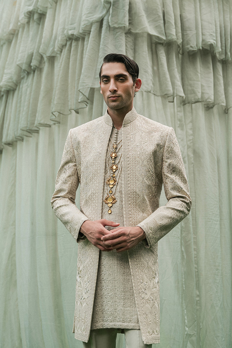 Gold Jacquard Jamawar Sherwani with Tilla & Sequin (3-Piece) - Image 2
