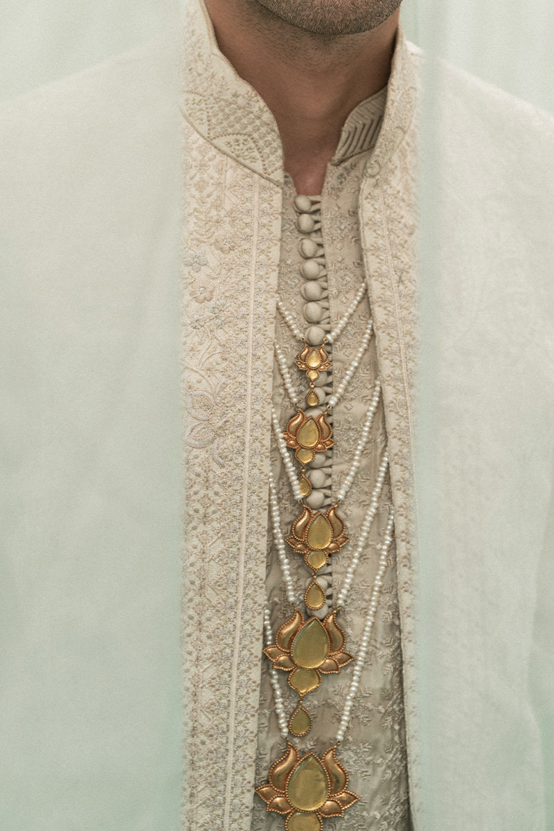 Gold Jacquard Jamawar Sherwani with Tilla & Sequin (3-Piece) - Image 5