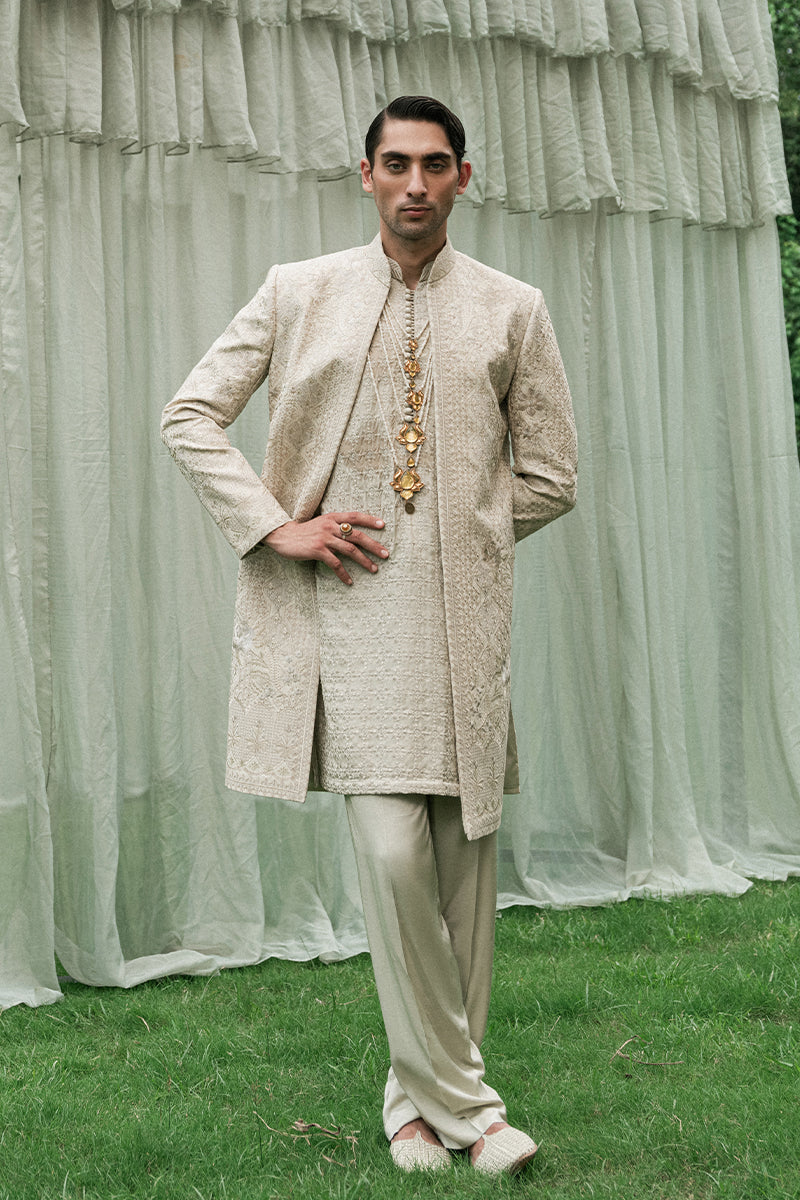 Gold Jacquard Jamawar Sherwani with Tilla & Sequin (3-Piece) - Image 2