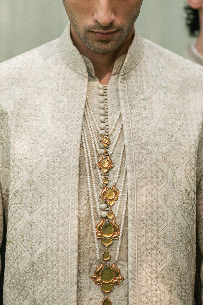 Gold Jacquard Jamawar Sherwani with Tilla & Sequin (3-Piece) - Image 3
