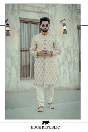 Beige Gold Embroidered Jacquard Sherwani (2-Piece) - Image 3
