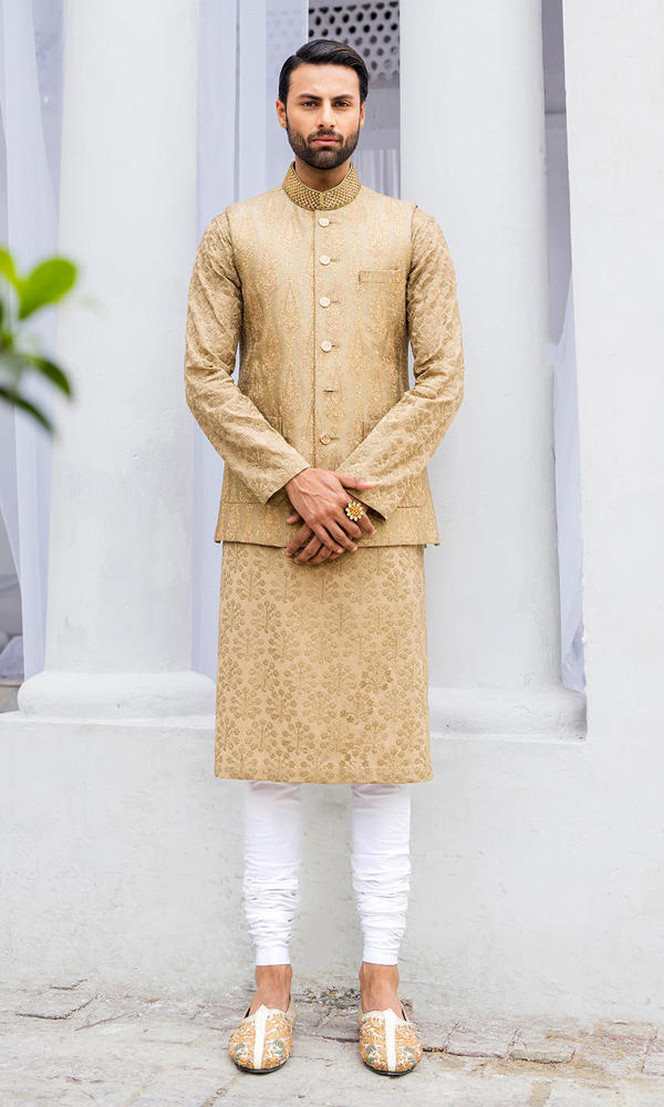 Gold Jacquard Sherwani with Handworked Collar (2-Piece) - Image 2