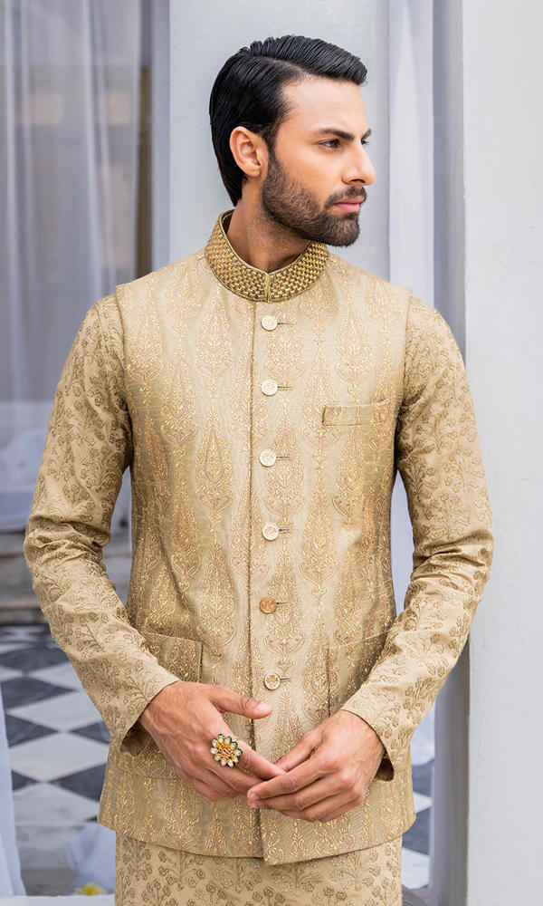 Gold Jacquard Sherwani with Handworked Collar (2-Piece) - Image 3