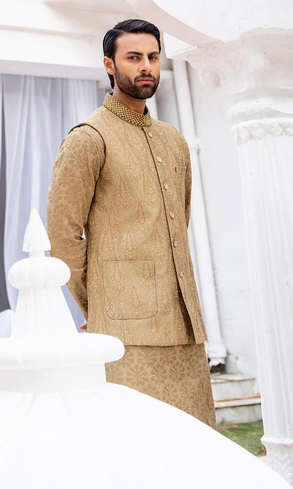 Gold Jacquard Sherwani with Handworked Collar (2-Piece) - Image 4