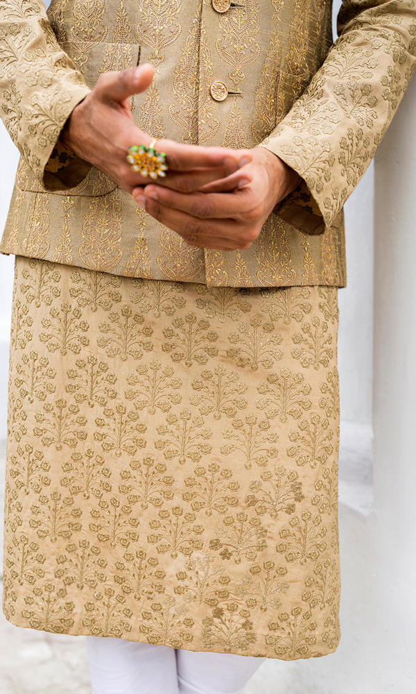 Gold Jacquard Sherwani with Handworked Collar (2-Piece) - Image 5