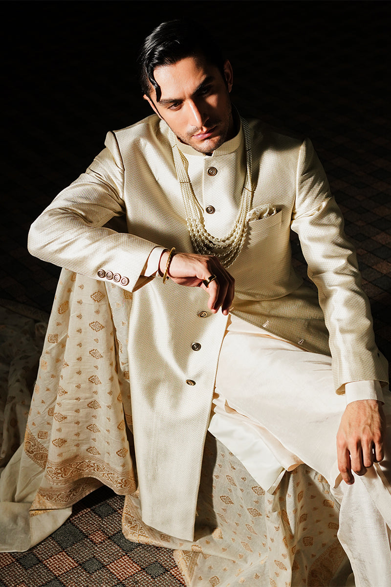 Champagne Gold Jacquard Sherwani (3-Piece) - Image 1