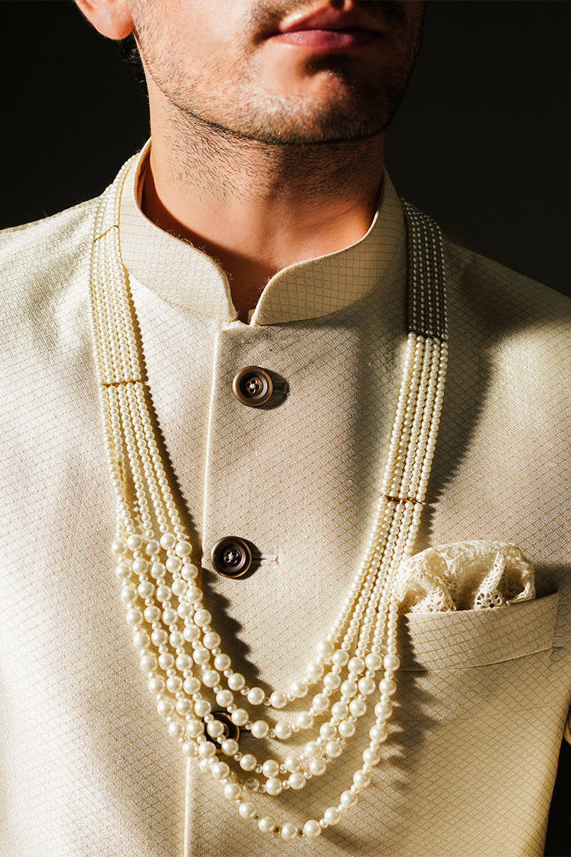 Champagne Gold Jacquard Sherwani (3-Piece) - Image 4