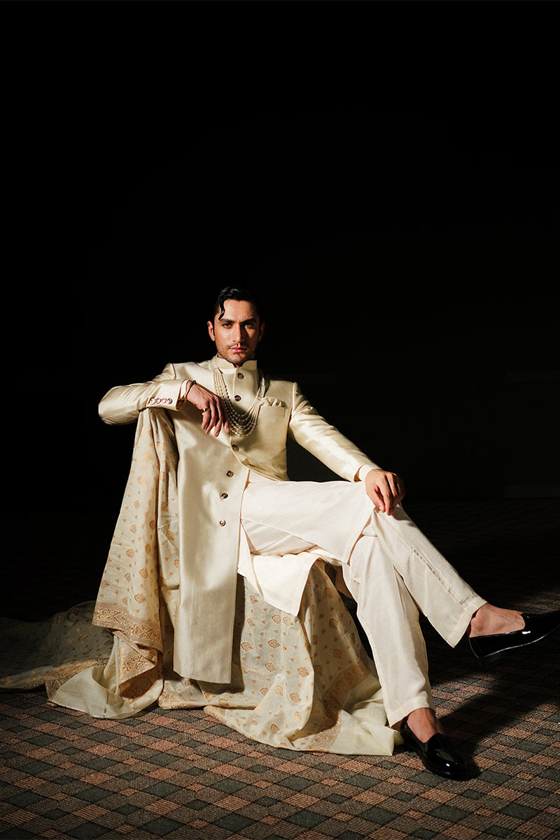Champagne Gold Jacquard Sherwani with Geometric Weave (3-Piece) - Image 2
