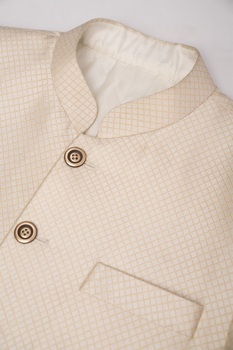 Champagne Gold Jacquard Sherwani with Geometric Weave (3-Piece) - Image 3