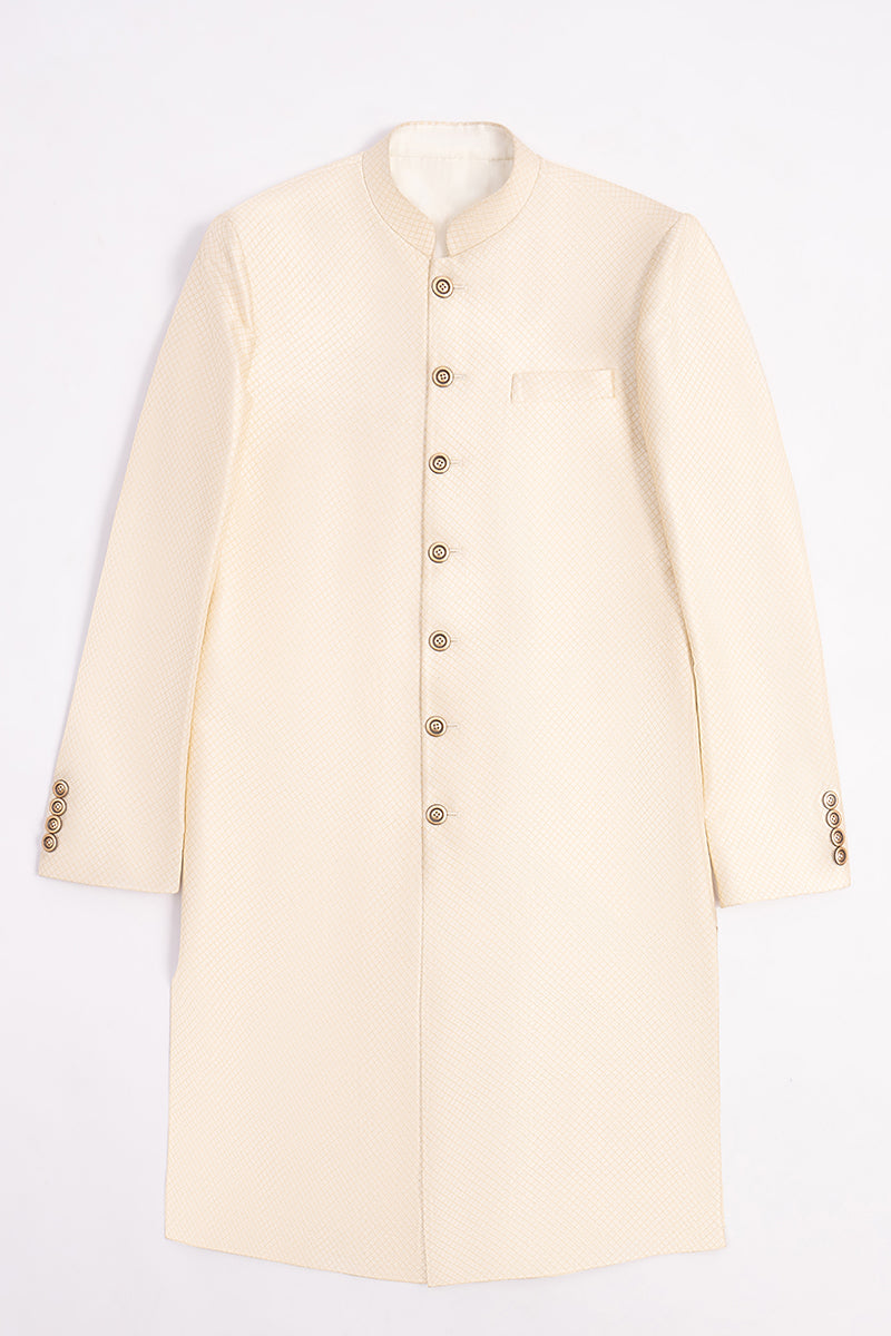Champagne Gold Jacquard Sherwani with Geometric Weave (3-Piece) - Image 6