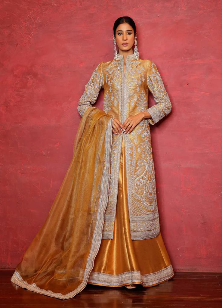 Pakistani Gold Dori Embroidered Jamawar Achkan (3-Piece) - Image 1