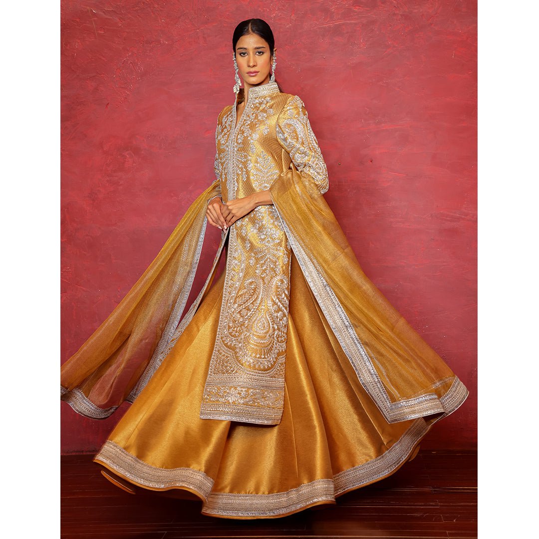 Pakistani Gold Dori Embroidered Jamawar Achkan (3-Piece) - Image 2