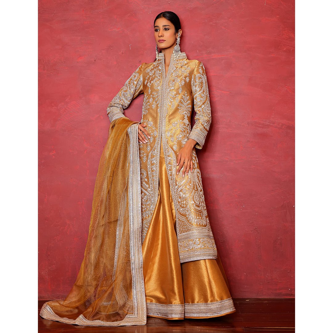 Pakistani Gold Dori Embroidered Jamawar Achkan (3-Piece) - Image 3