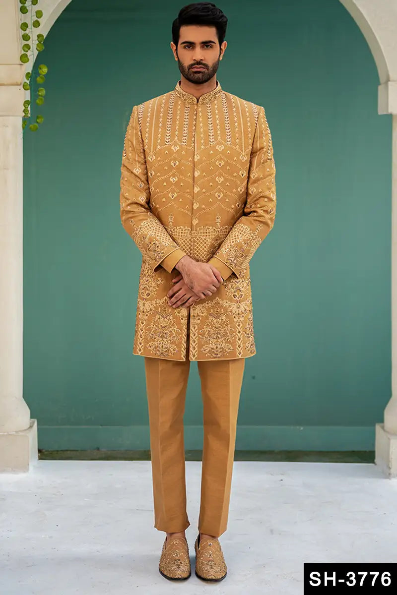 Gold Hand-Embroidered Jamawar Achkan Sherwani (2-Piece) - Image 1