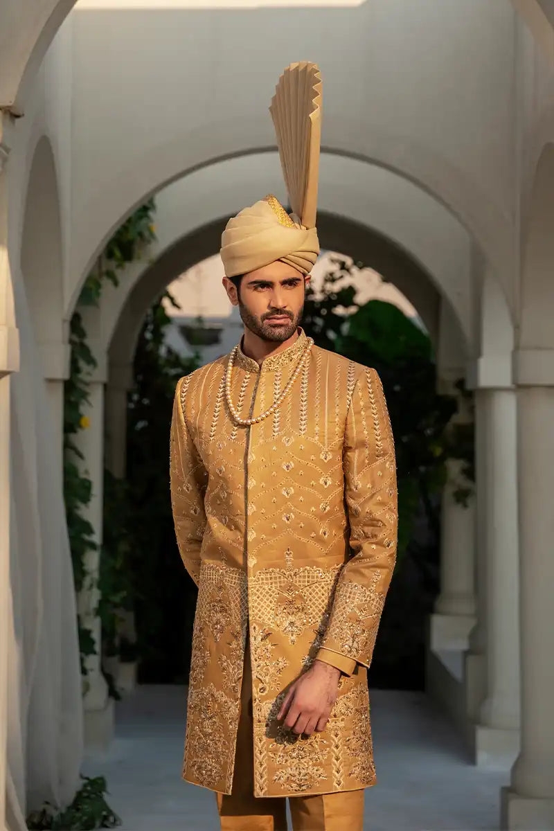Gold Hand-Embroidered Jamawar Achkan Sherwani (2-Piece) - Image 2