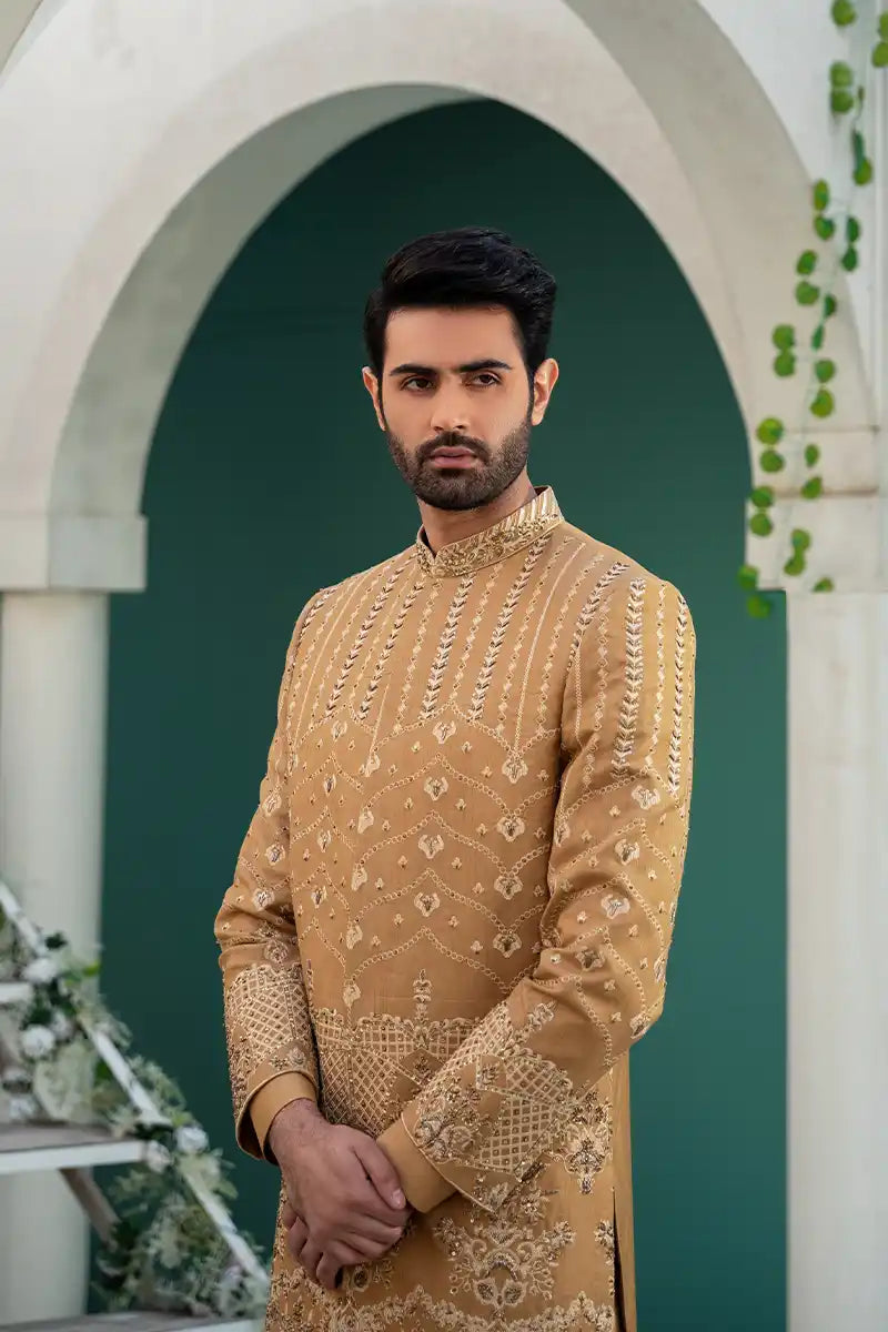 Gold Hand-Embroidered Jamawar Achkan Sherwani (2-Piece) - Image 3