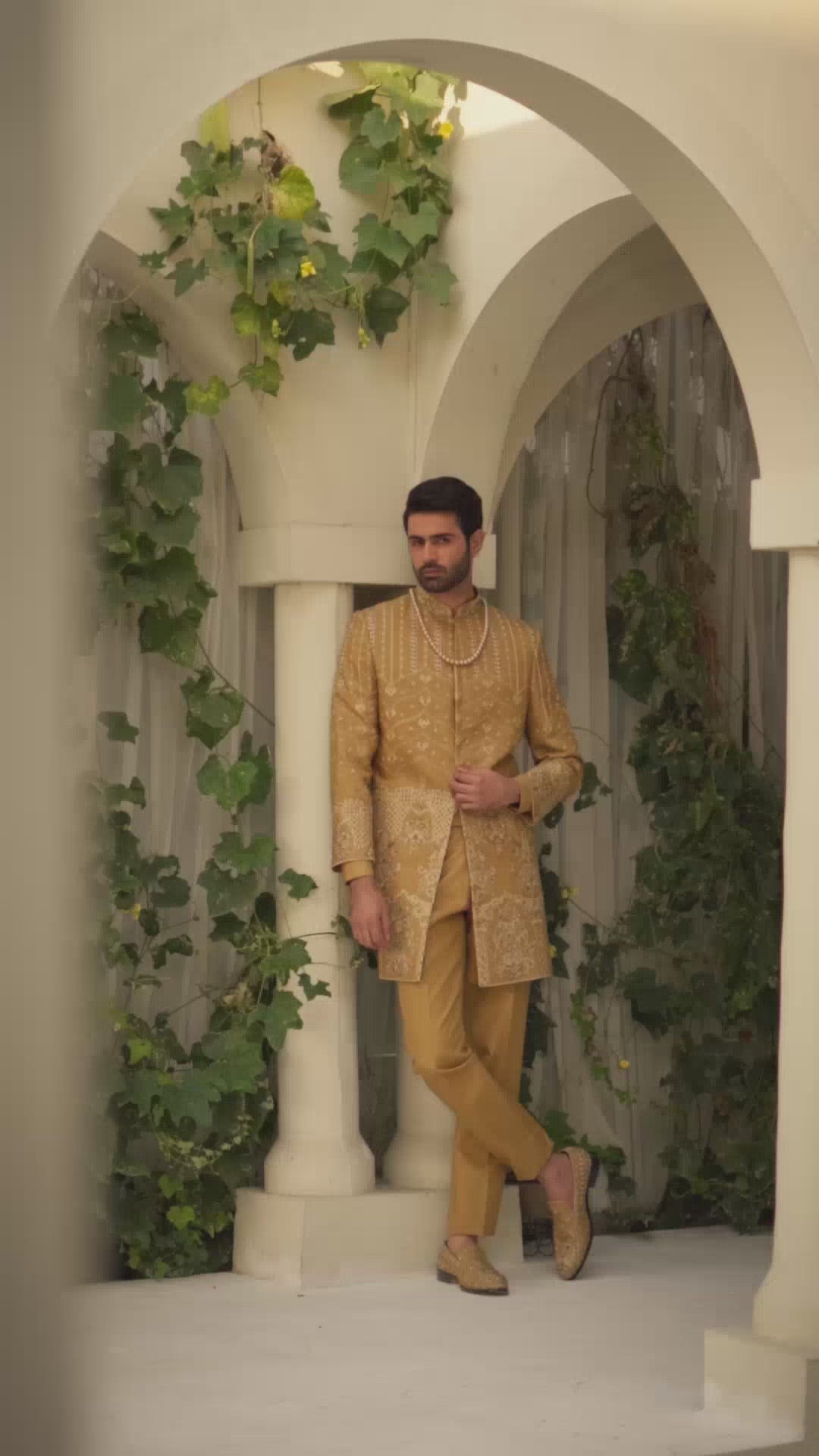 Gold Hand-Embroidered Jamawar Achkan Sherwani (2-Piece) - Image 4