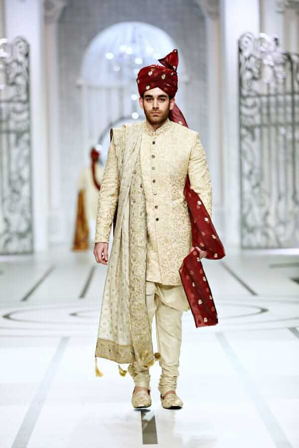 Pale Gold Embroidered Mysoori Organza Short Sherwani (5-Piece) - Image 1
