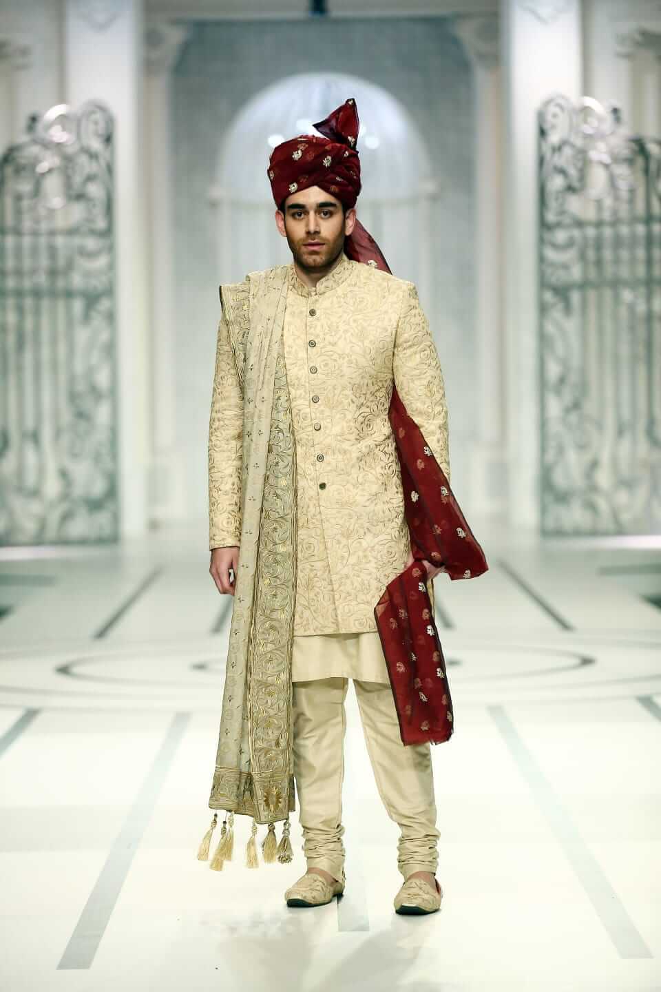Pale Gold Embroidered Mysoori Organza Short Sherwani (5-Piece) - Image 2