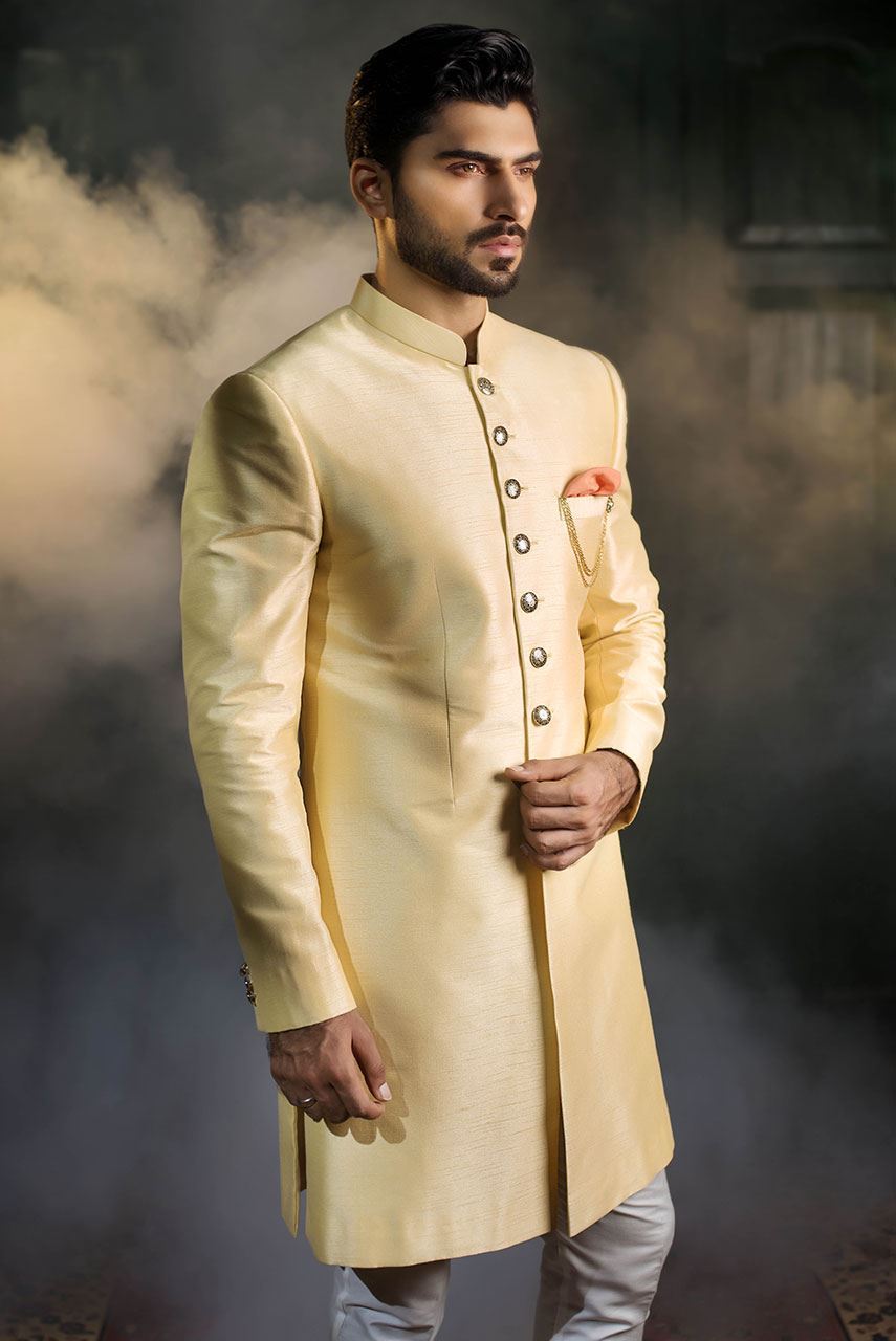 Light Gold Raw Silk Sherwani (3-Piece) - Image 1