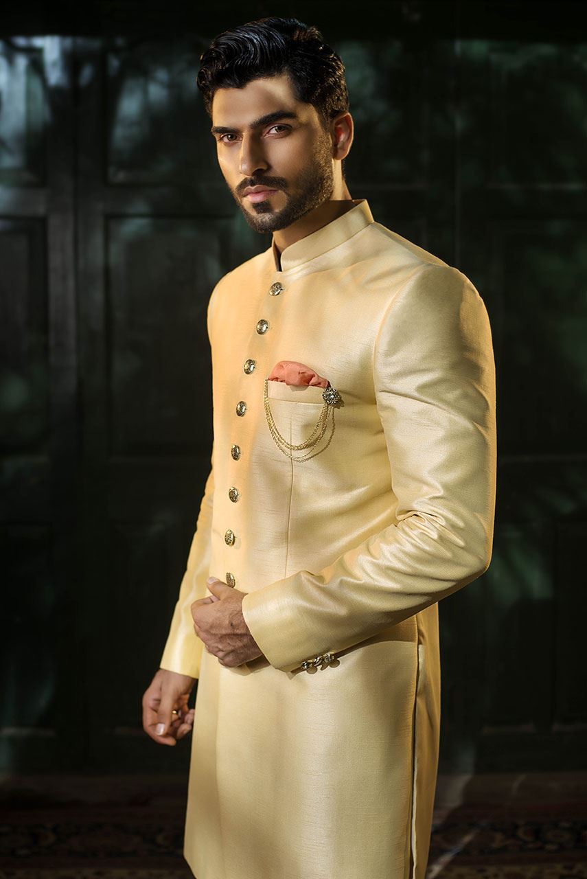 Light Gold Raw Silk Sherwani (3-Piece) - Image 2