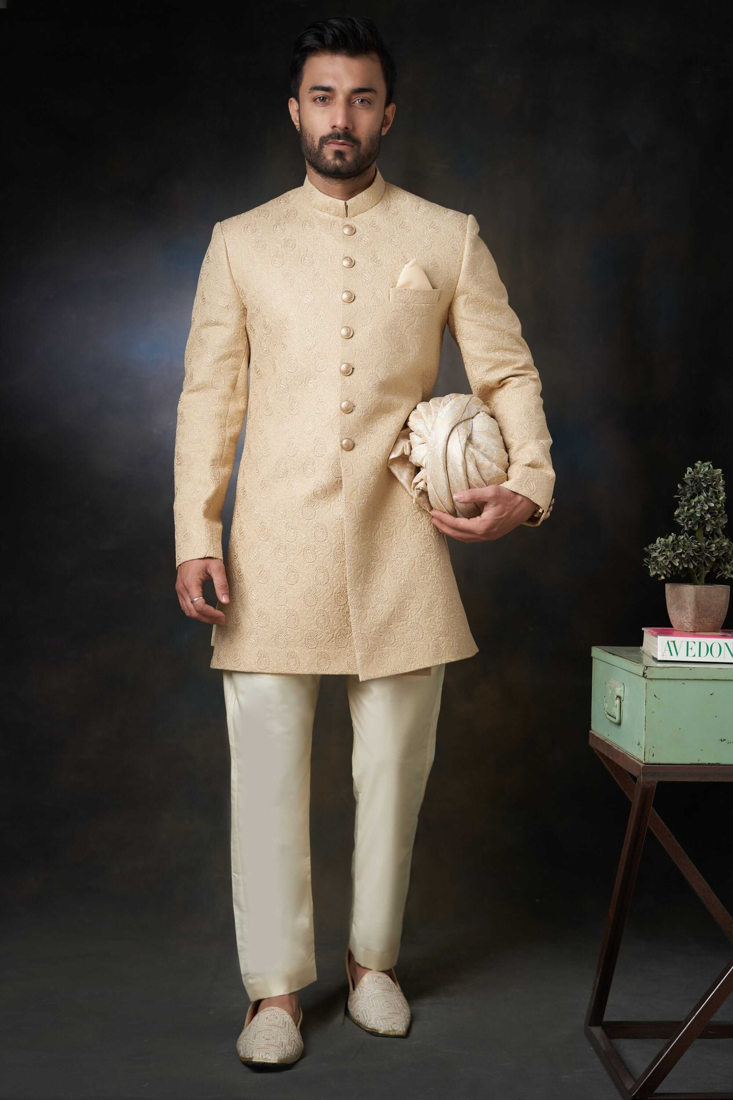 Gold Paisley Embroidered Pure Raw Silk Sherwani (3-Piece) - Image 1