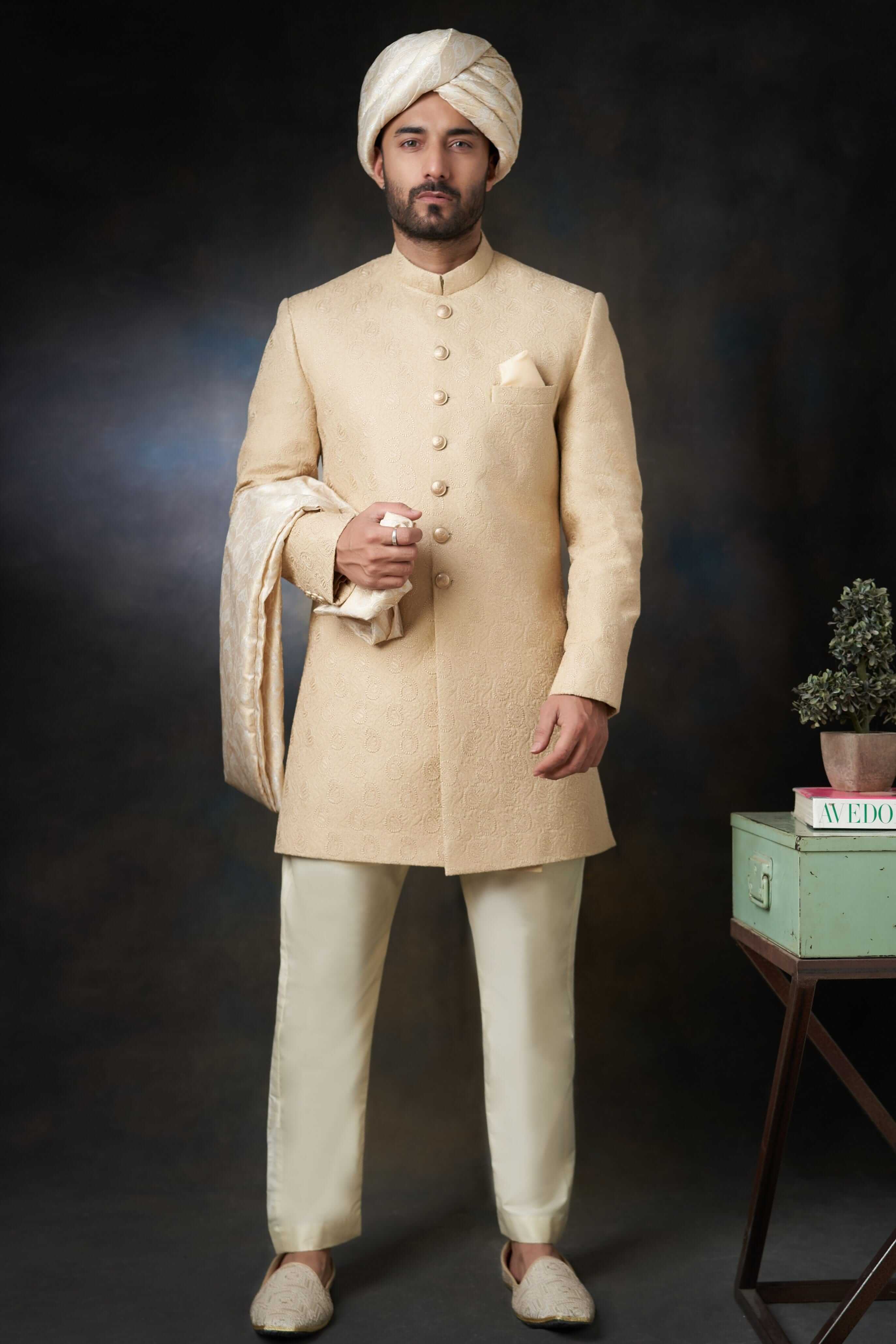Gold Paisley Embroidered Pure Raw Silk Sherwani (3-Piece) - Image 3