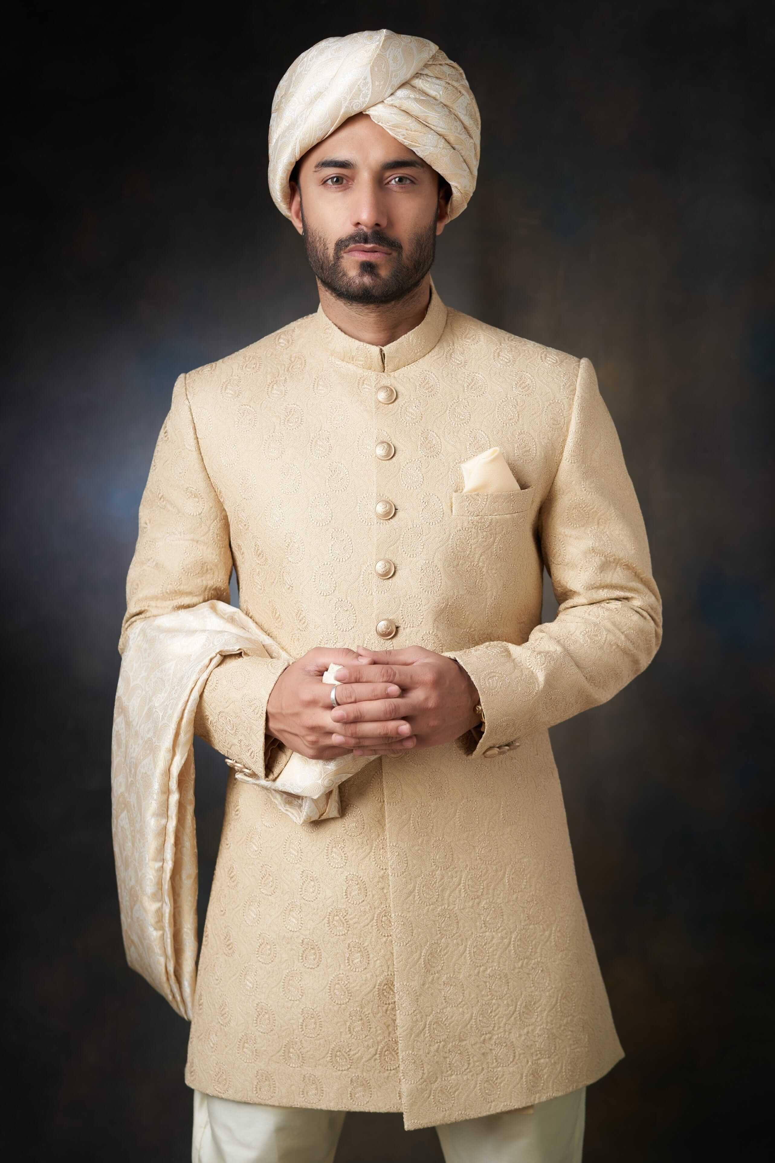 Gold Paisley Embroidered Pure Raw Silk Sherwani (3-Piece) - Image 4