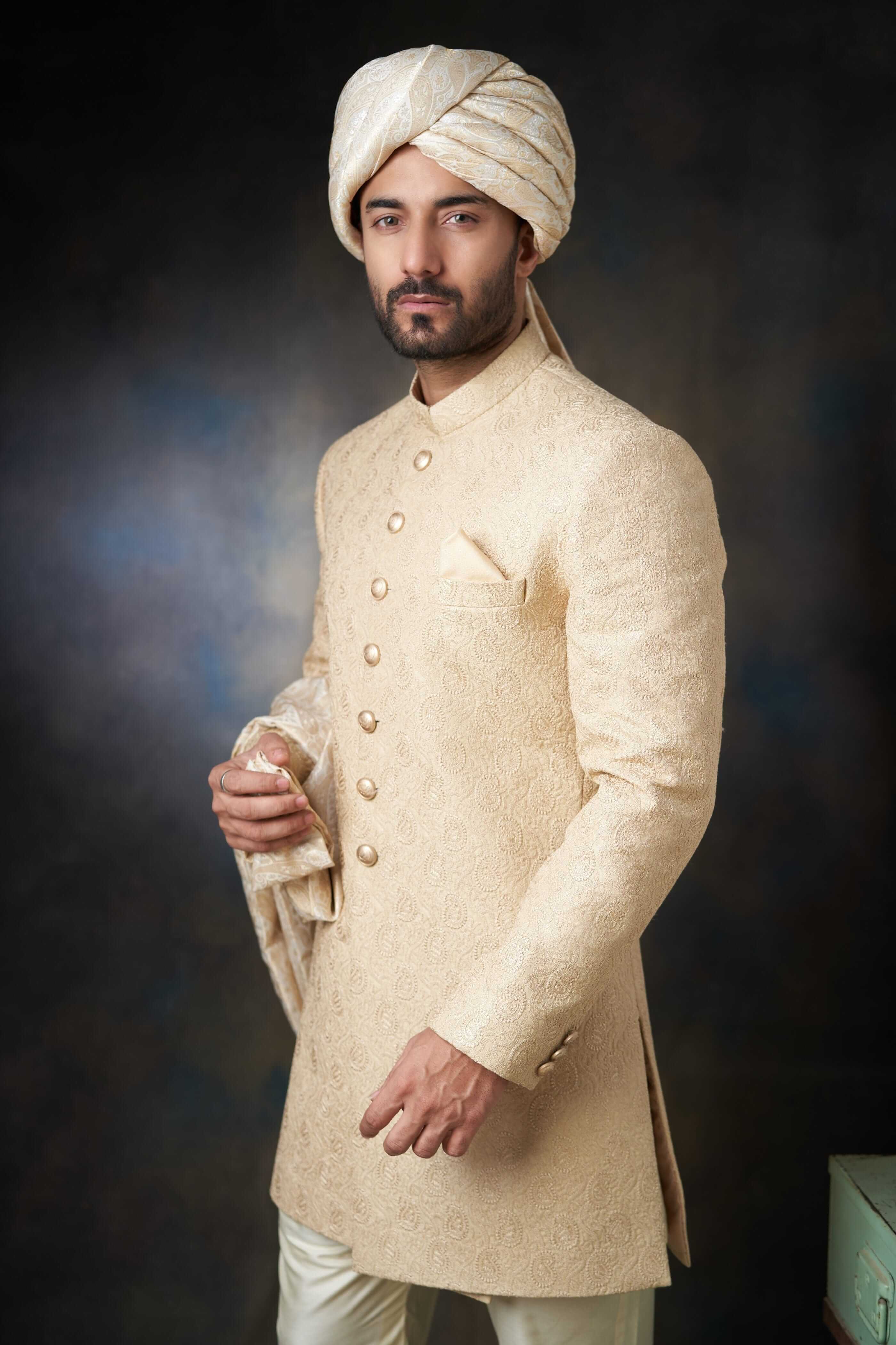 Gold Paisley Embroidered Pure Raw Silk Sherwani (3-Piece) - Image 5