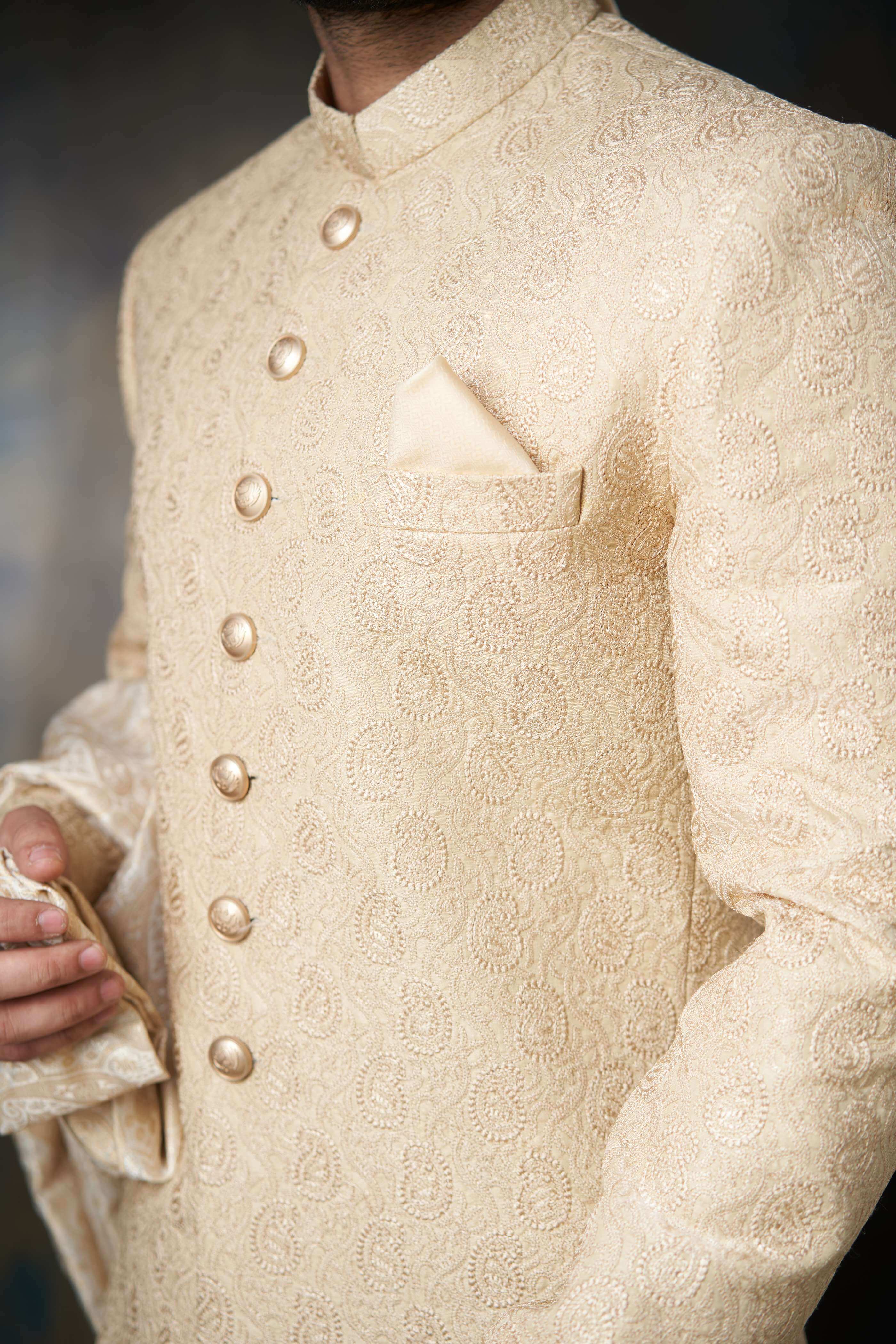 Gold Paisley Embroidered Pure Raw Silk Sherwani (3-Piece) - Image 6