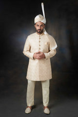 Fawn Gold Thread-Embroidered Rawsilk Achkan Sherwani (2-Piece) - Image 2