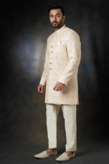 Fawn Gold Thread-Embroidered Rawsilk Achkan Sherwani (2-Piece) - Image 3