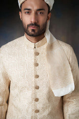 Fawn Gold Thread-Embroidered Rawsilk Achkan Sherwani (2-Piece) - Image 5