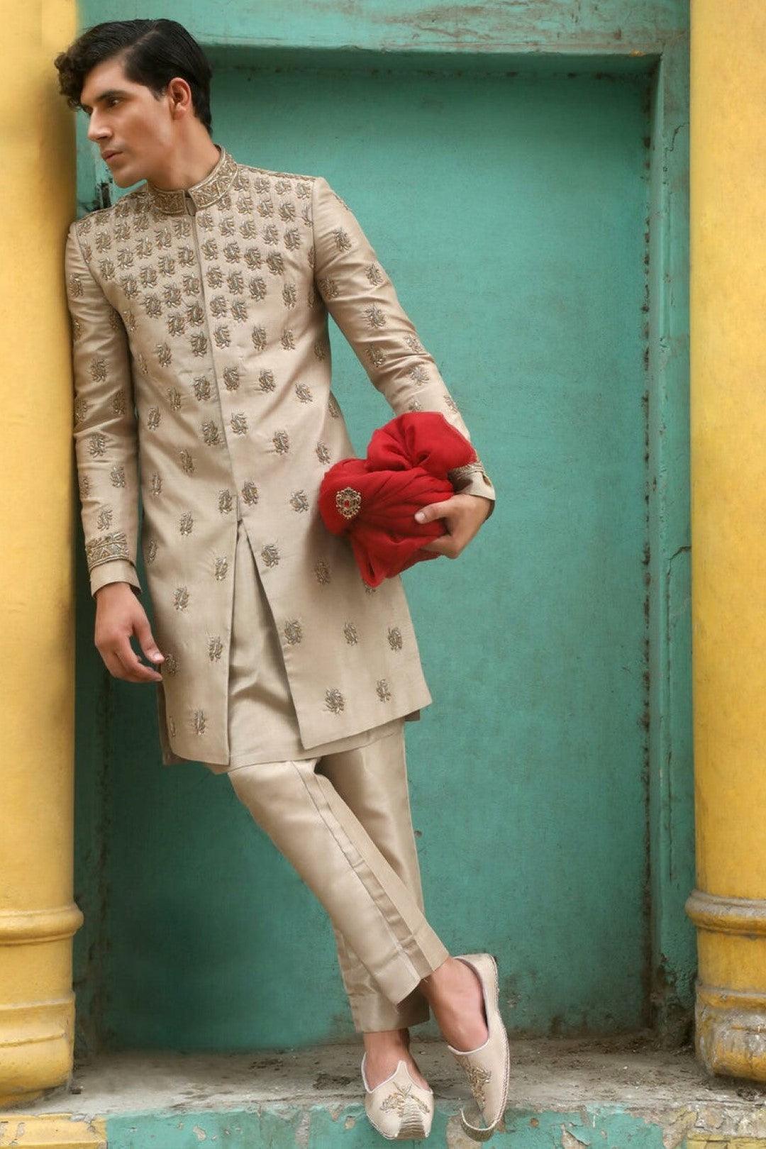 Antique Gold Adda Work Silk Sherwani (2-Piece) - Image 1