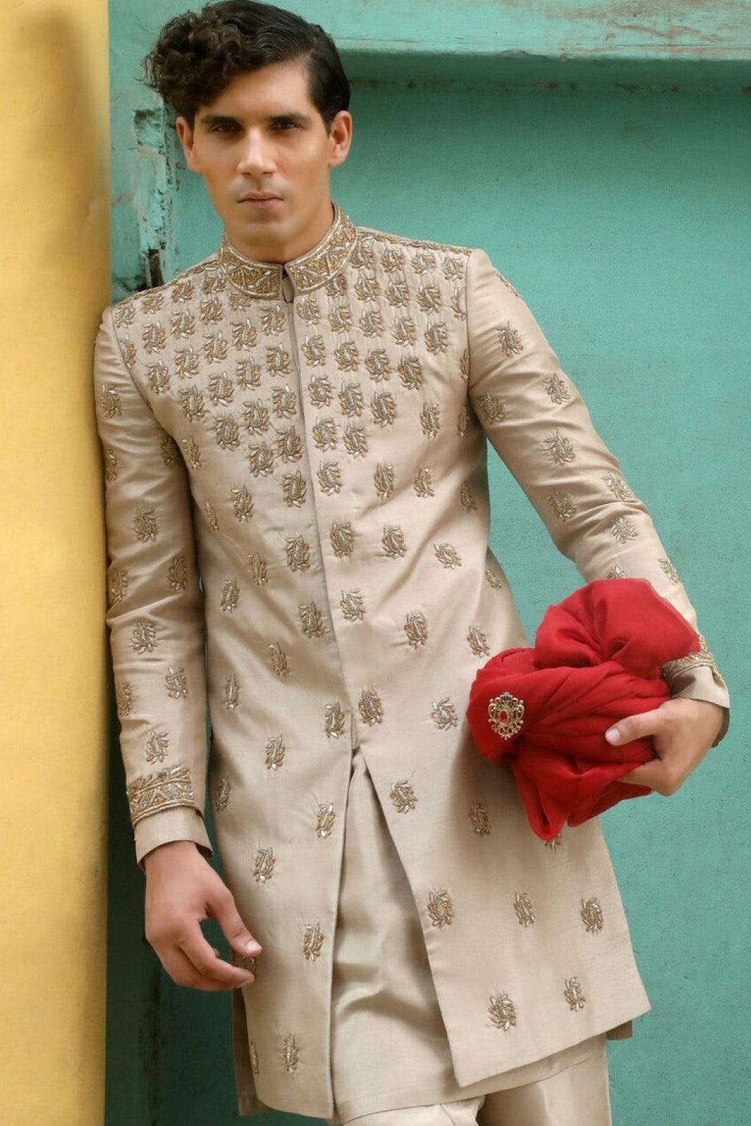 Antique Gold Adda Work Silk Sherwani (2-Piece) - Image 2