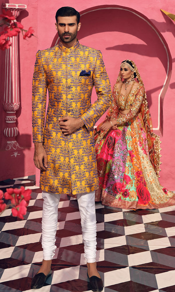 Molten Ochre Electric Blue Embroidered Sherwani (2-Piece) - Image 2