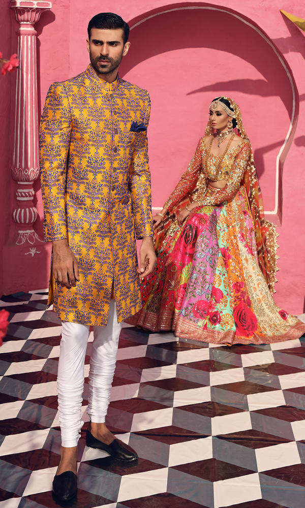 Molten Ochre Electric Blue Embroidered Sherwani (2-Piece) - Image 3