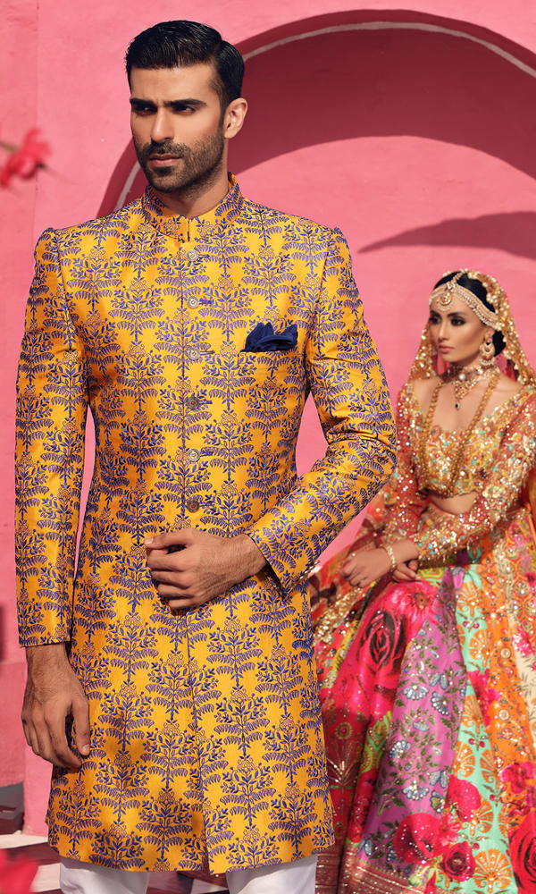 Molten Ochre Electric Blue Embroidered Sherwani (2-Piece) - Image 4