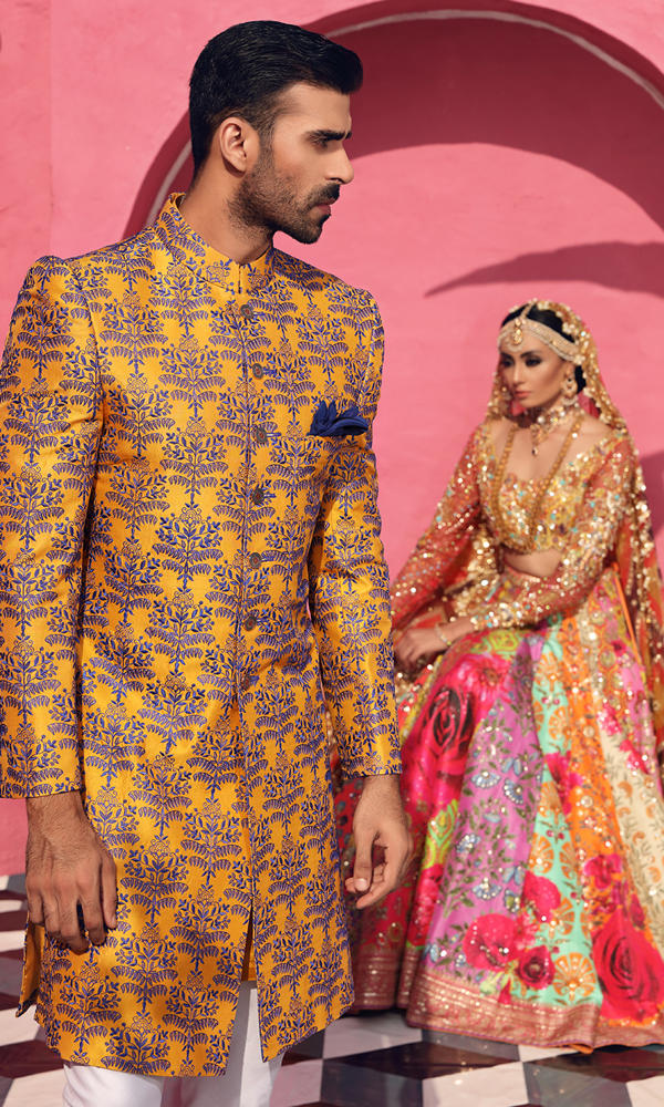 Molten Ochre Electric Blue Embroidered Sherwani (2-Piece) - Image 5