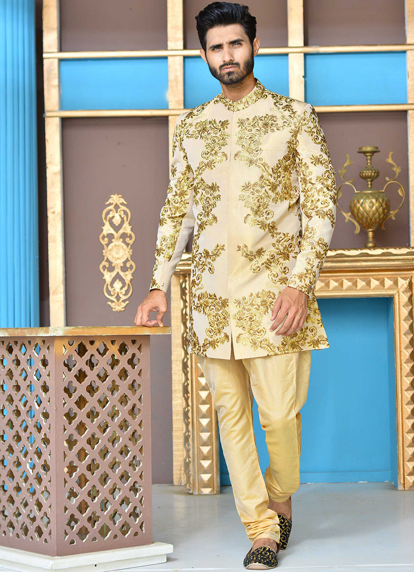 Gold Copper Embroidered Silk-Blend Achkan Sherwani (2-Piece) - Image 2